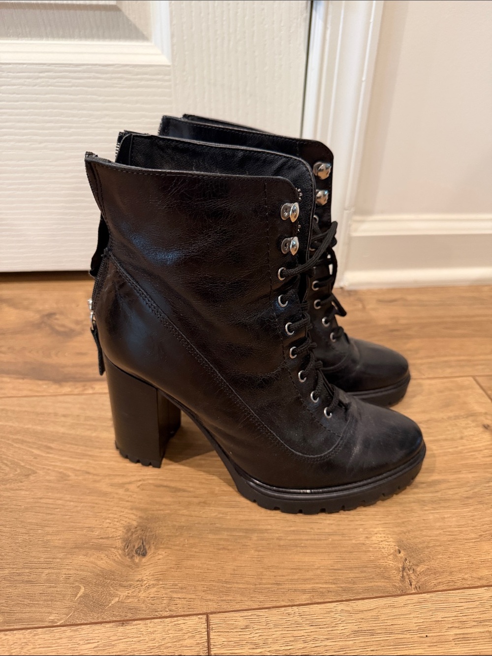 Barneys New York Black Lace-Up Block Heel Ankle Boots